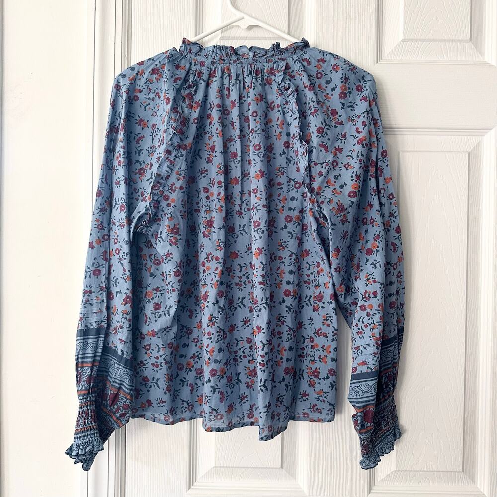 Cleobella Arianna Powder Blue Floral Print Button Front Boho Puff Blouse Medium - Picture 9 of 9